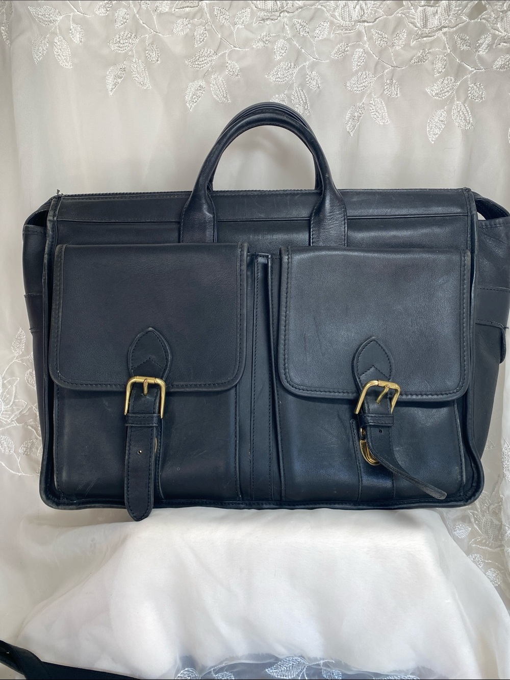 Jack Georges Men's Black Leather Briefcase with Front Buckle Pockets